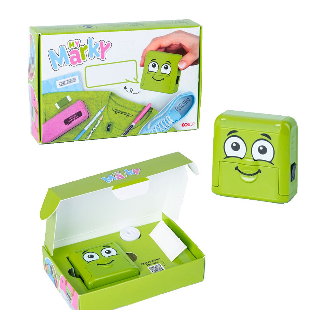 Textstämpel – Marky, Grönt hölje inkl. kundunikt avtryck