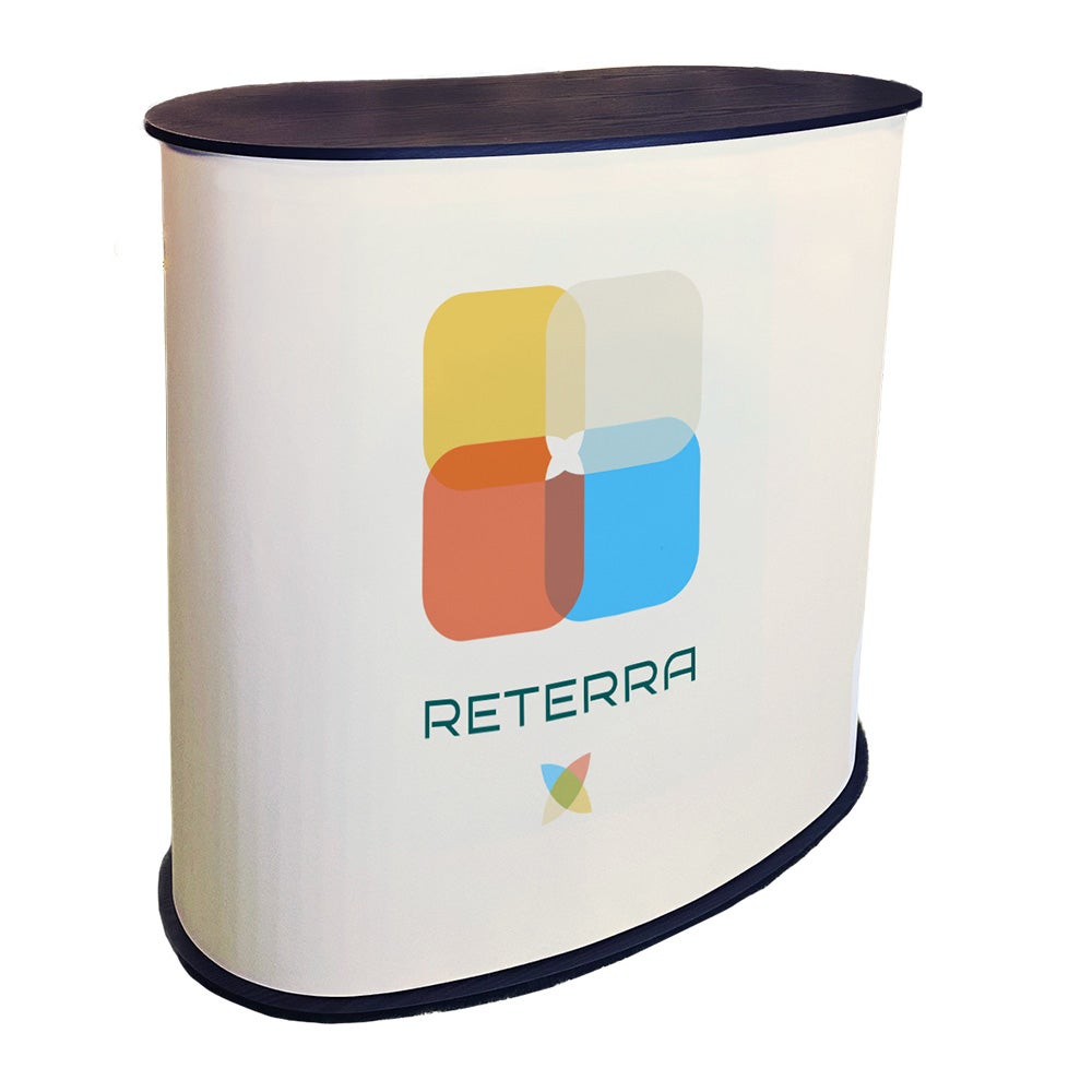 Mässbord Easy Curved, hylla inkl våd i rolltex, 90x90 cm