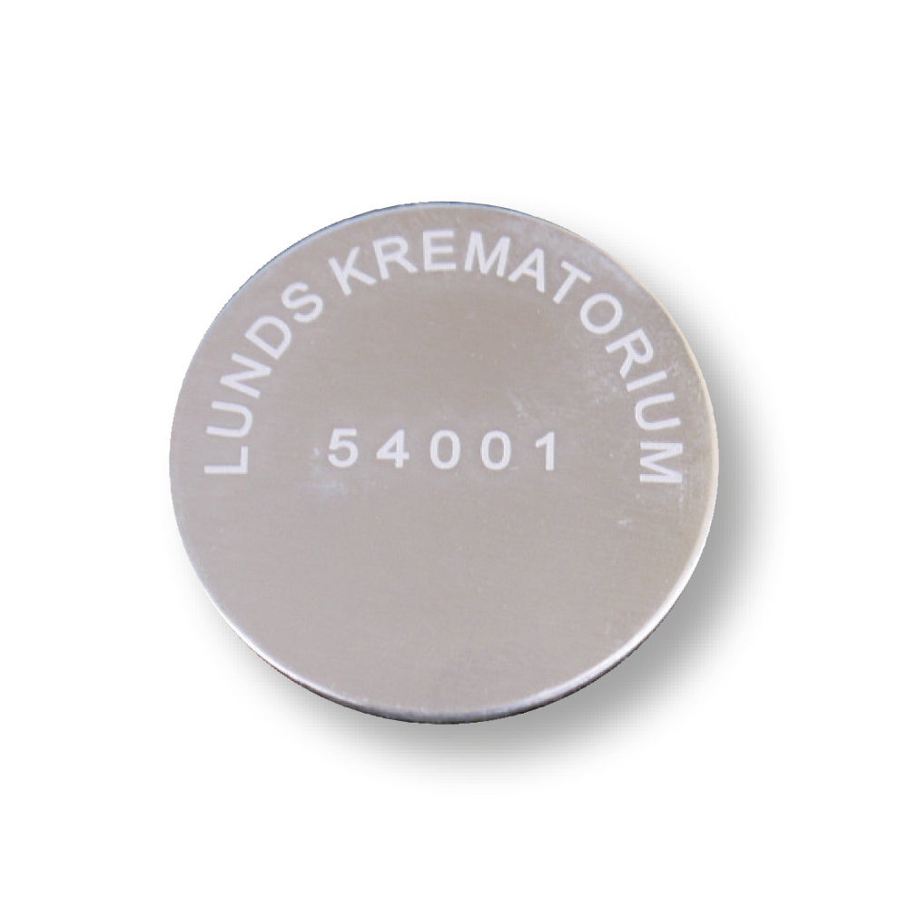 Krematoriebricka Ø33 mm – Namn/Nr, Aluminium