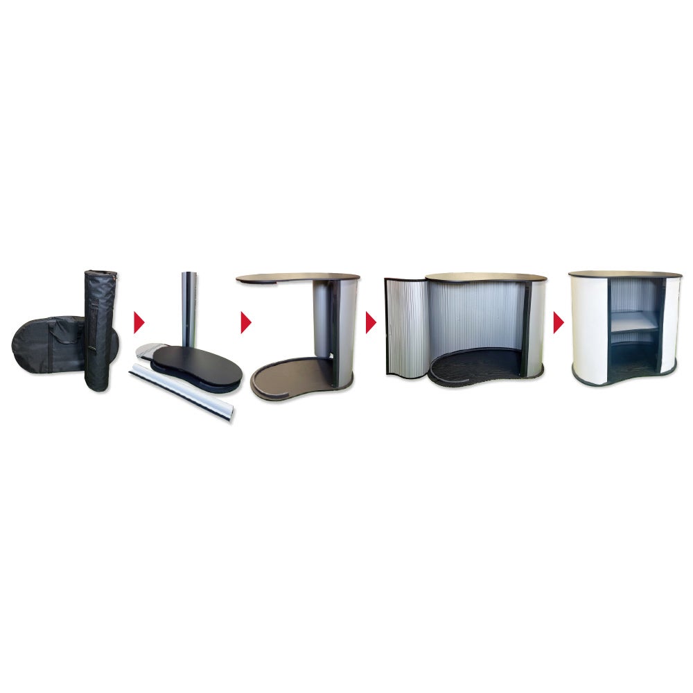 Mässbord Easy Curved, hylla inkl våd i rolltex, 90x90 cm