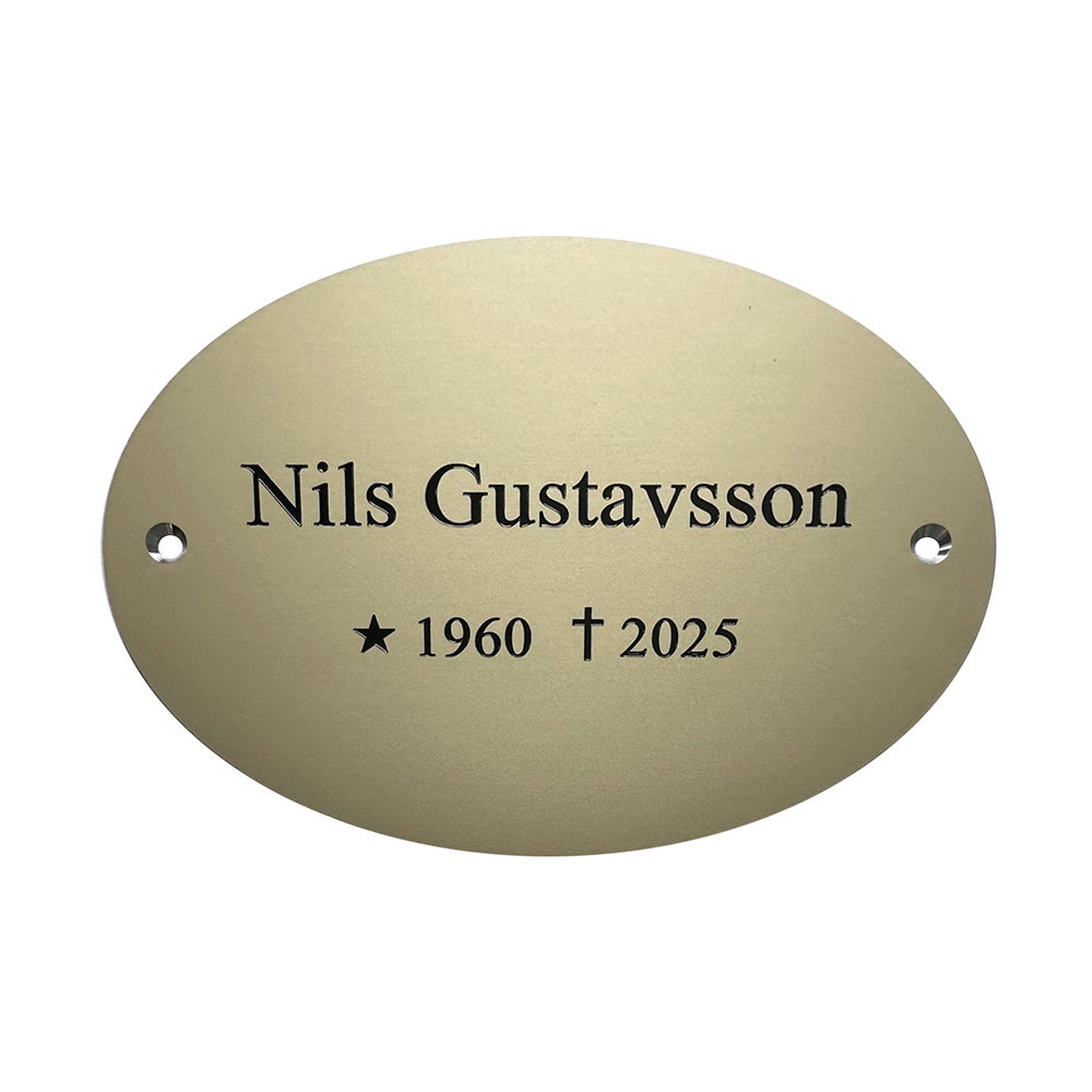 Skylt 140x100 mm – Guldeloxerad, Oval