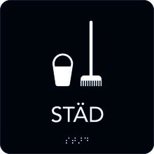Taktil skylt Städ 150x150 mm, Svart med vit text