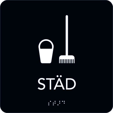 Taktil skylt Städ 150x150 mm, Svart med vit text