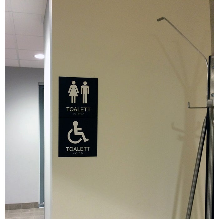 Taktila skyltar för toalett dam, herr och handikapptoalett