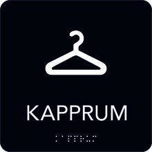 Taktil skylt Kapprum 150x150 mm, Svart med vit text