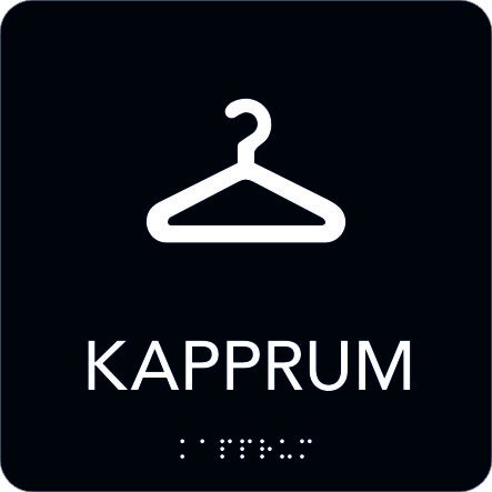 Taktil skylt Kapprum 150x150 mm, Svart med vit text