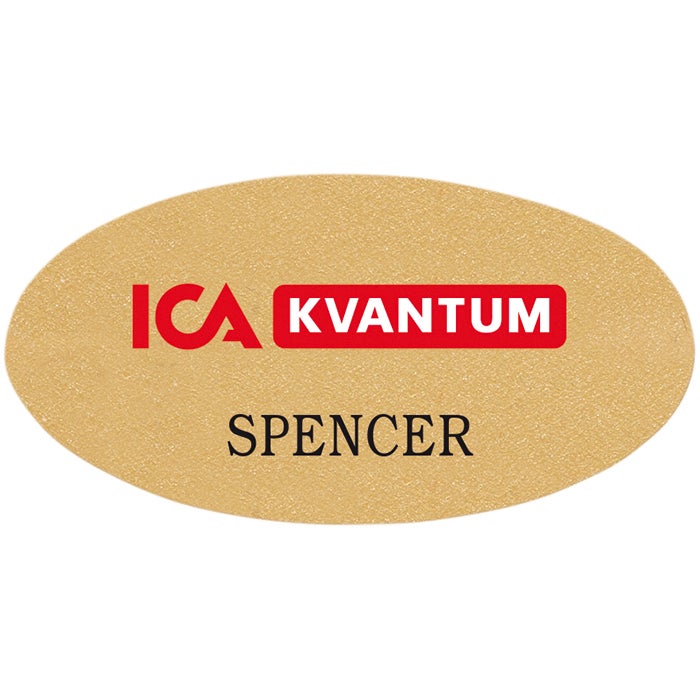 Namnbricka plast, 63x32 mm, Guldfärgad, 4-färgs (Oval)