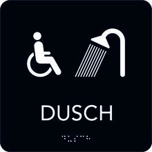 Taktil skylt Rullstol/Dusch 150x150 mm, Svart med vit text