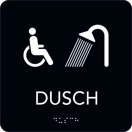 Taktil skylt Rullstol/Dusch 150x150 mm, Svart med vit text