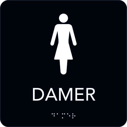 Taktil skylt Damer 150x150 mm, Svart med vit text