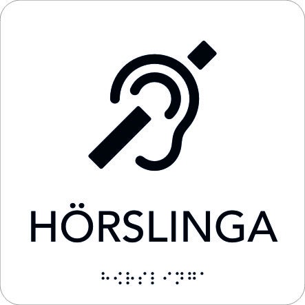 Taktil skylt Hörslinga 150x150 mm, Vit med svart text