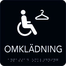 Taktil skylt Omklädning 150x150 mm, Svart med vit text