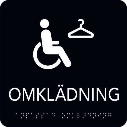 Taktil skylt Omklädning 150x150 mm, Svart med vit text