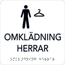 Taktil skylt Omklädning Herrar 150x150 mm, Vit med svart text