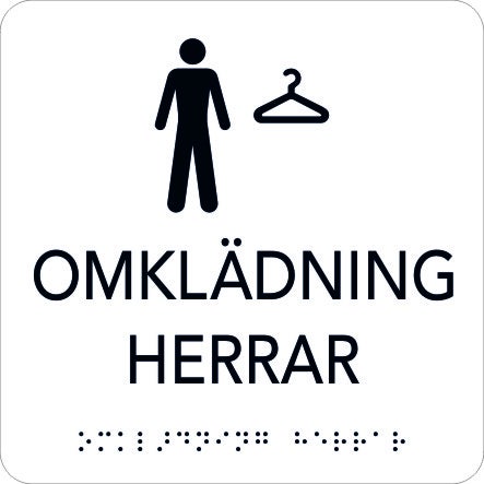 Taktil skylt Omklädning Herrar 150x150 mm, Vit med svart text
