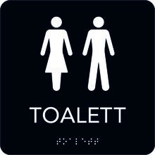 Taktil skylt Toalett 150x150 mm, Svart med vit text