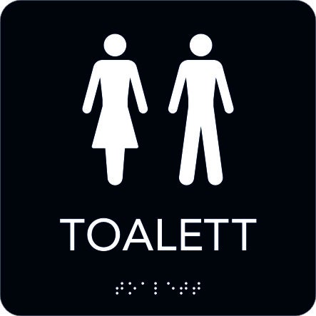 Taktil skylt Toalett 150x150 mm, Svart med vit text