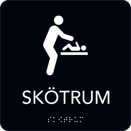 Taktil skylt Skötrum 150x150 mm, Svart med vit text