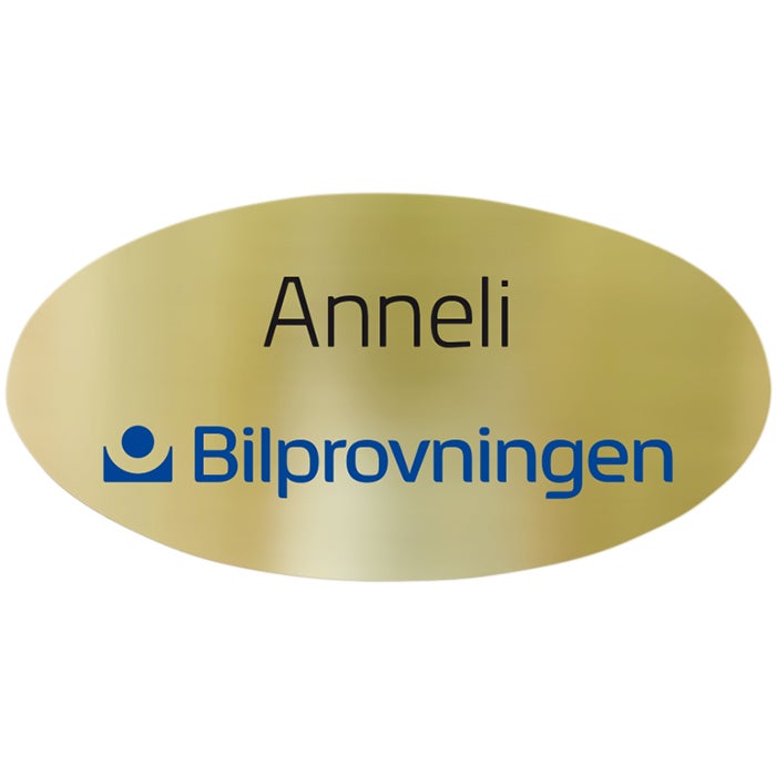 Namnbricka metall, 63x32 mm, Guldfärgad blank, 4-färgs (Oval)