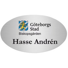 Namnbricka metall oval, 59x34 mm, silverfärgad, 4-färgs
