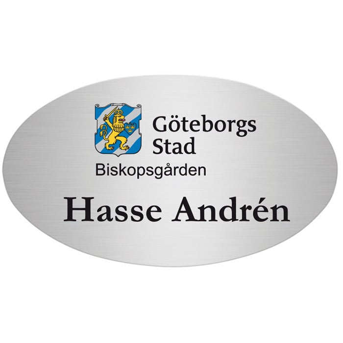 Namnbricka metall oval, 59x34 mm, silverfärgad, 4-färgs