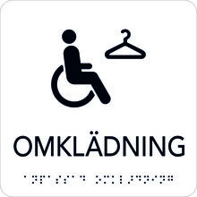 Taktil skylt Omklädning 150x150 mm, Vit med svart text