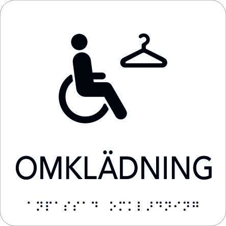 Taktil skylt Omklädning 150x150 mm, Vit med svart text