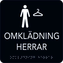 Taktil skylt Omklädning Herrar 150x150 mm, Svart med vit text