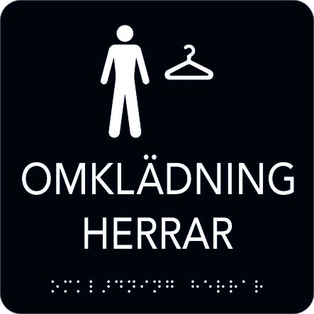 Taktil skylt Omklädning Herrar 150x150 mm, Svart med vit text