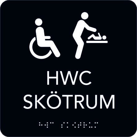 Taktil skylt HWC/Skötrum 150x150 mm, Svart med vit text