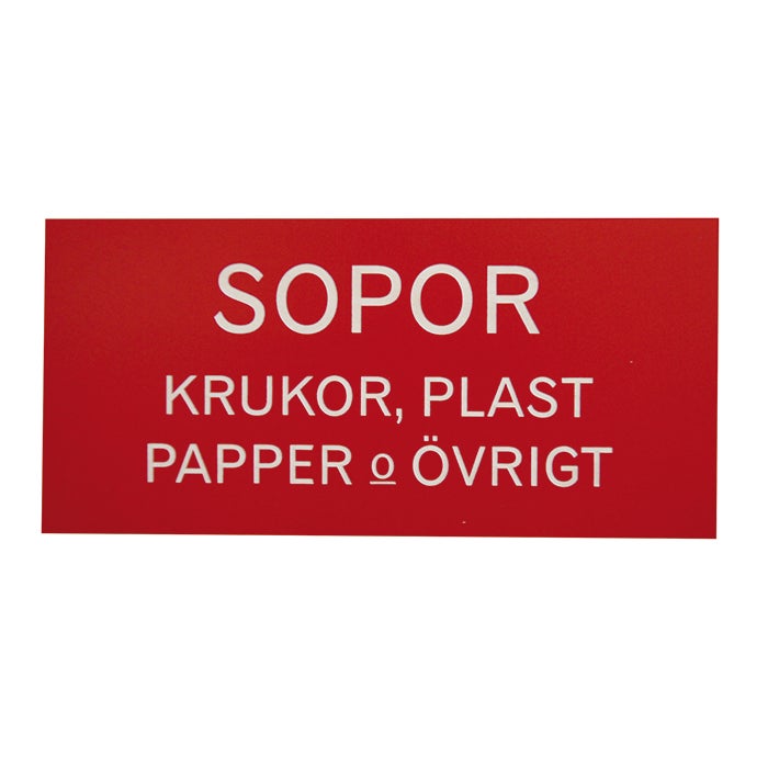 Graverad plastskylt max 150 cm² – Röd/Vit text, 1,6 mm 2-skikt