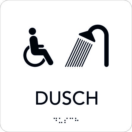 Taktil skylt Rullstol/Dusch 150x150 mm, Vit med svart text