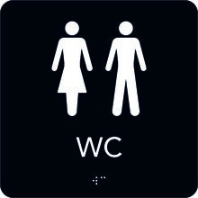 Taktil Skylt WC, svart med vit text