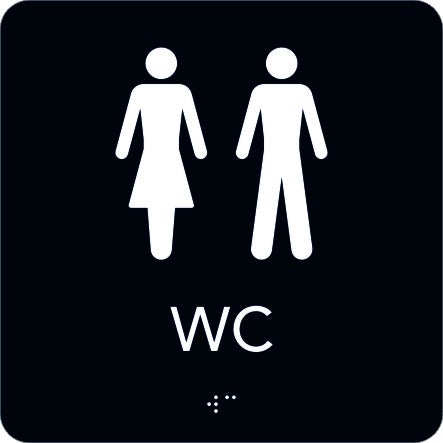 Taktil Skylt WC, svart med vit text