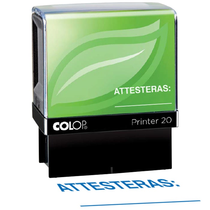 Standardstämpel "Attesteras" 37x13 mm – Colop Printer Green Line 20/L, Blå