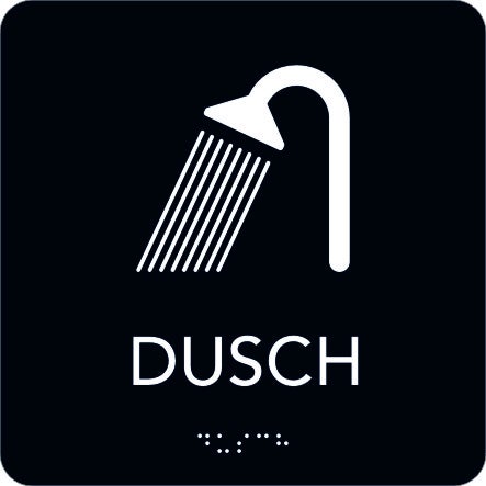 Taktil skylt Dusch 150x150 mm, Svart med vit text
