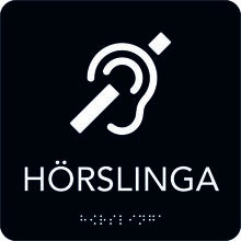 Taktil skylt Hörslinga 150x150 mm, Svart med vit text