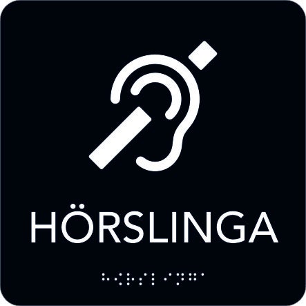 Taktil skylt Hörslinga 150x150 mm, Svart med vit text