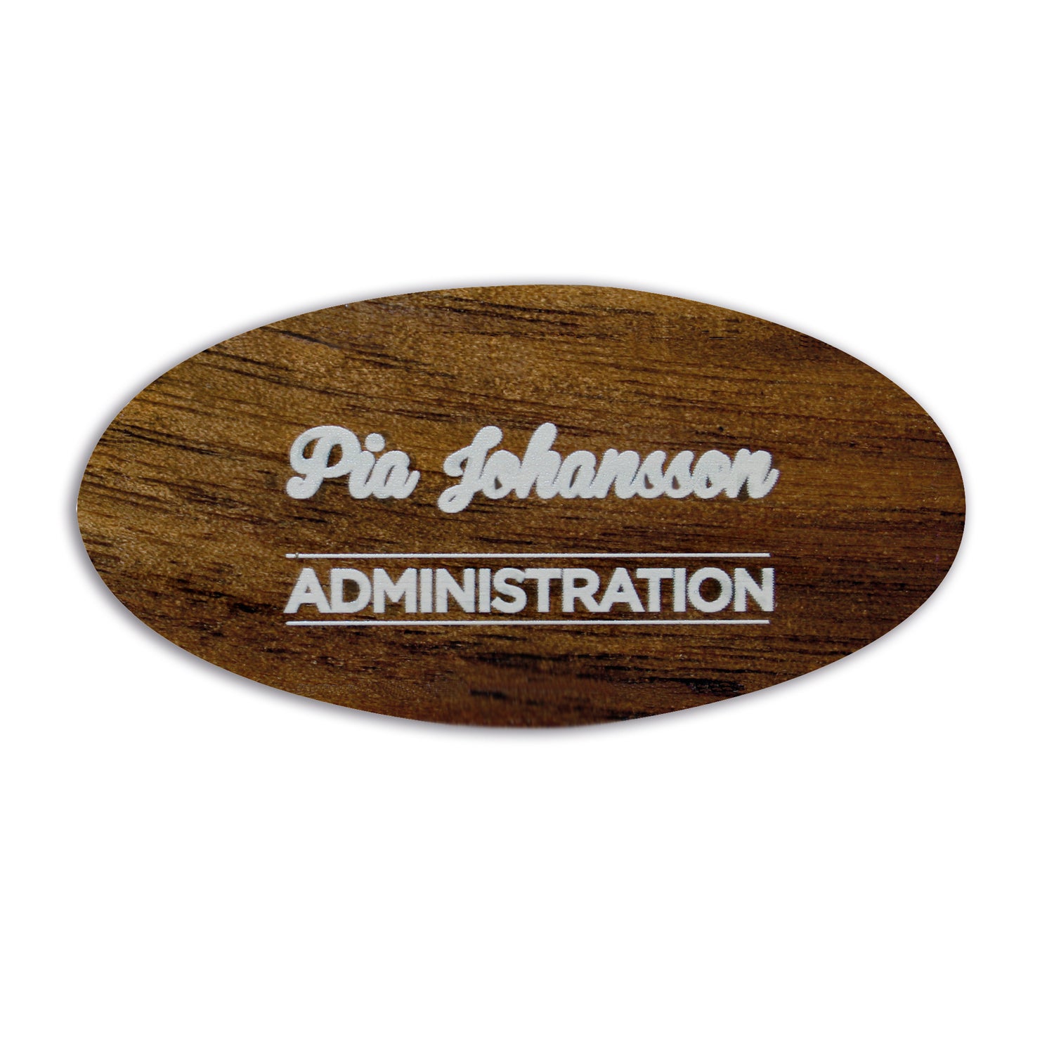 Namnbricka trä oval, 63x32 mm, Mörk valnöt, 4-färgs